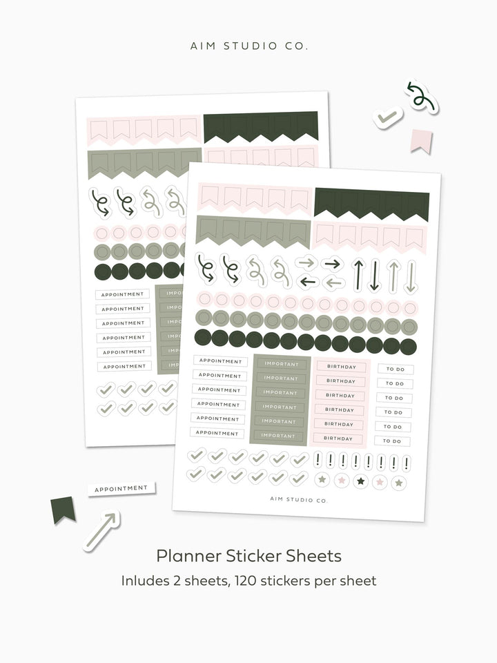 sage green and pink planner sticker sheets with a selection of assorted stickers for organising and planning inside aim studio co's 2026 a5 personalised diary