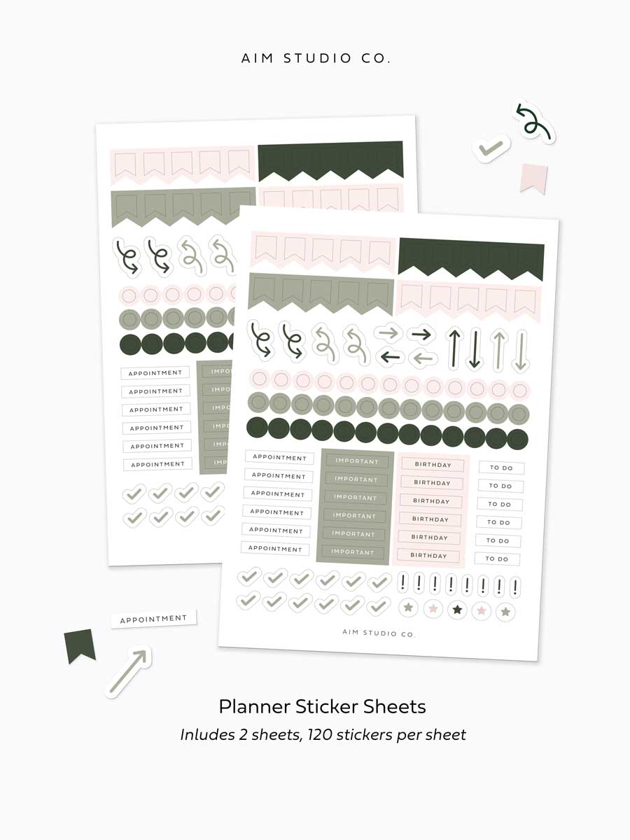 Planner sticker sheets with small stickers in sage green and pink colour scheme showing various flags, dot, arrows, appointment stickers.