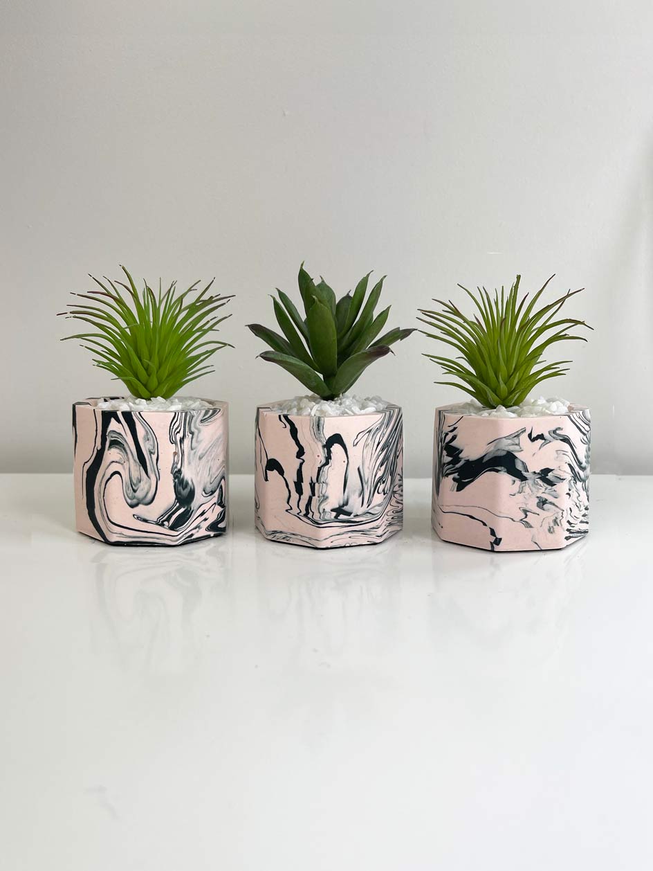 CLEARANCE | Handmade Dark Green & Blush Pink Marbled Mini Artificial Desk Plants