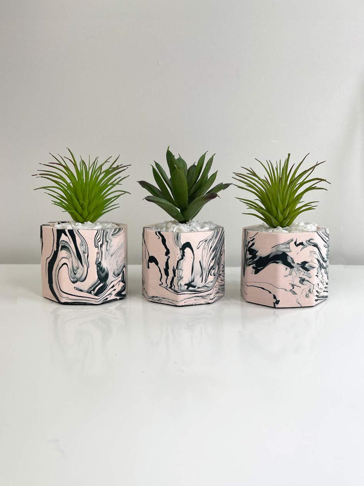 CLEARANCE | Handmade Dark Green & Blush Pink Marbled Mini Artificial Desk Plants