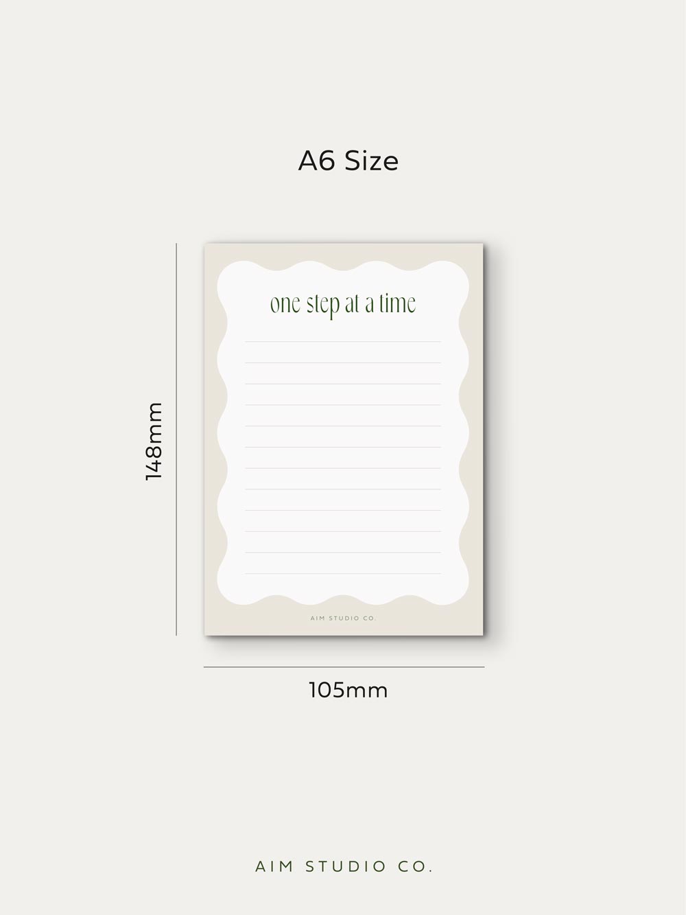 dimensions of small A6 notepad measuring 148mm H x 105 mm W