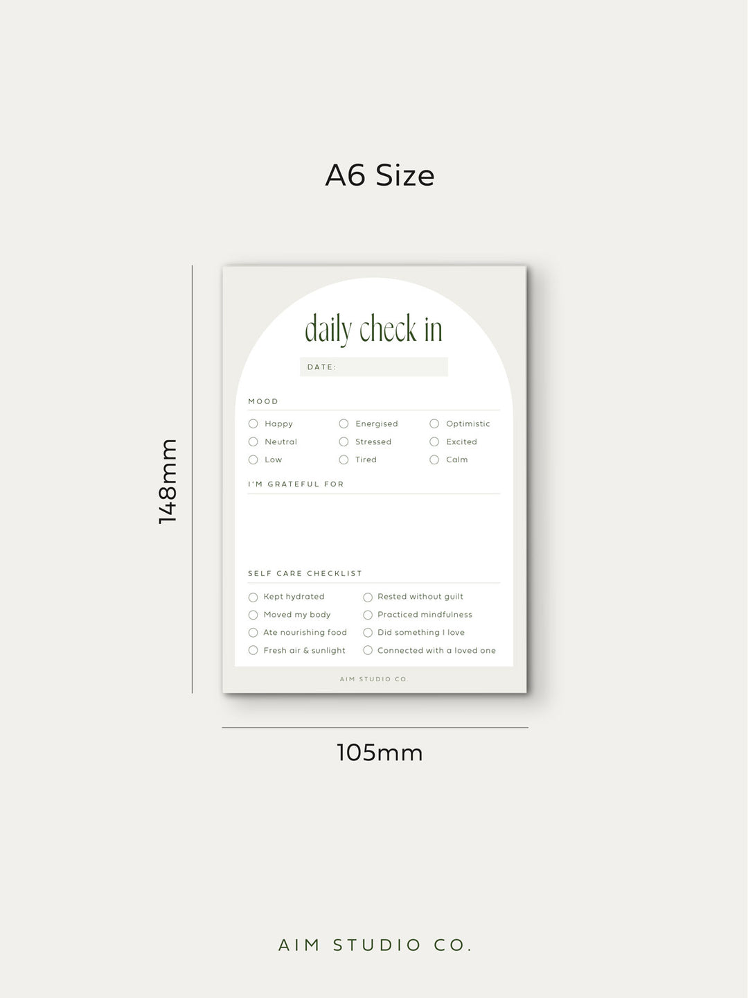 daily mindfulness and self care planner showing small size dimensions of 148mm h x 105mm W