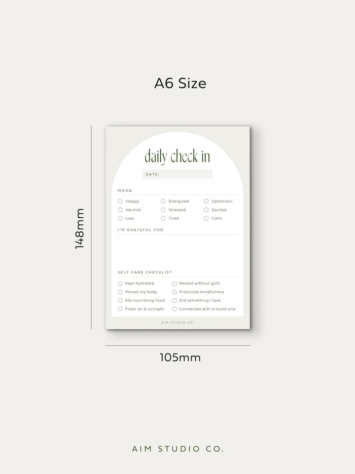 daily mindfulness and self care planner showing small size dimensions of 148mm h x 105mm W