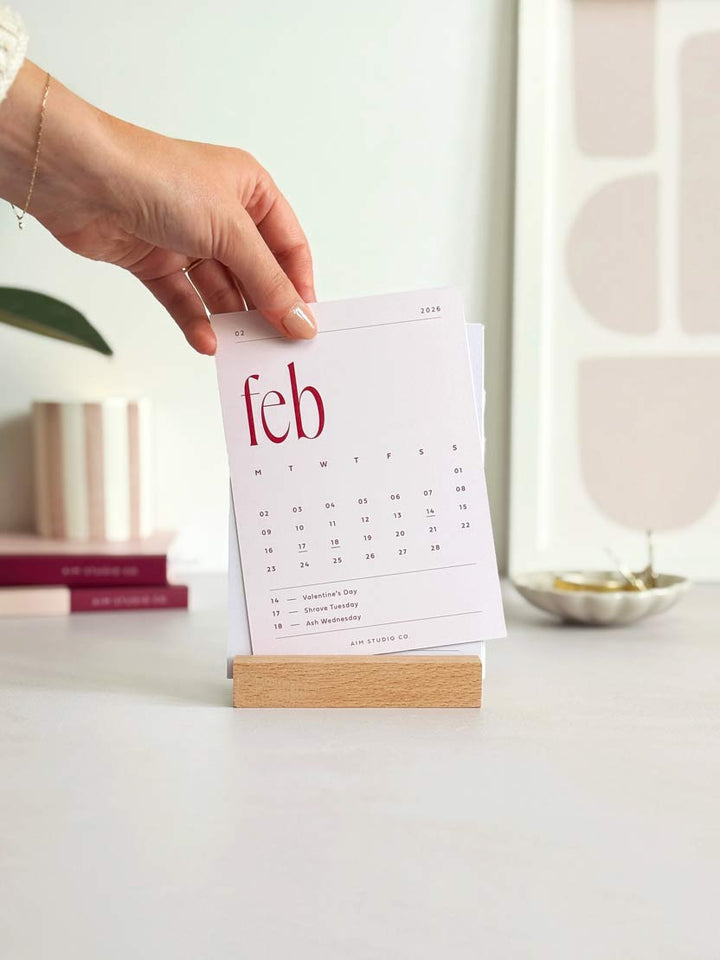 Minimalist 2026 Desk Calendar with Wooden Stand