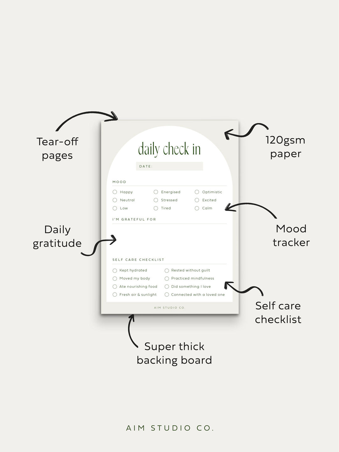 A6 notepad for wellbeing and self care showing features like mood tracker and daily gratitude on 120gsm thick paper with 50 tear off pages and heavy duty backing board for writing on