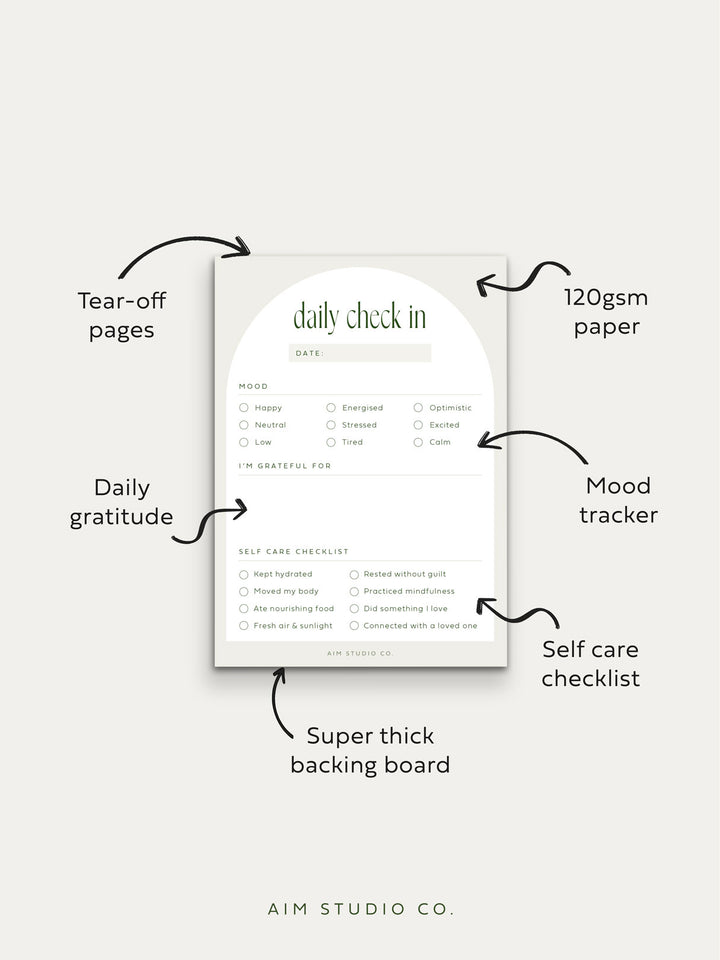 A6 notepad for wellbeing and self care showing features like mood tracker and daily gratitude on 120gsm thick paper with 50 tear off pages and heavy duty backing board for writing on