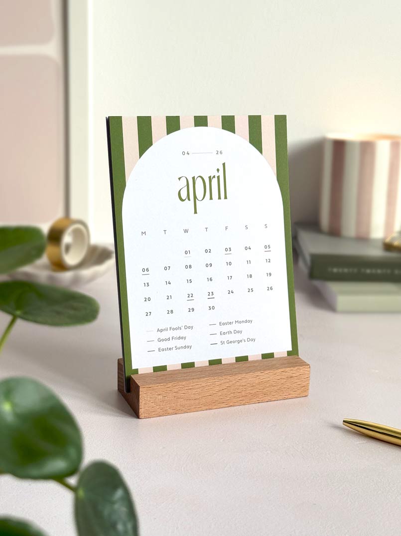 2026 Desk Calendar with Wooden Stand, Candy Stripes