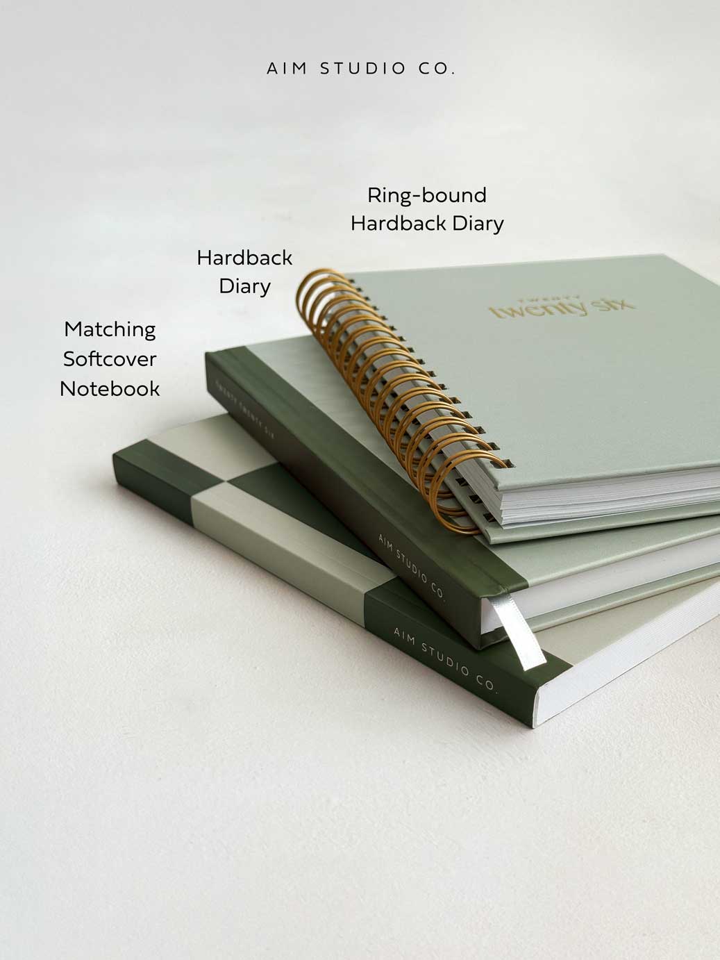 2026 hardback planner stacked with spiral ring-bound diary with matching notebook in sage greens