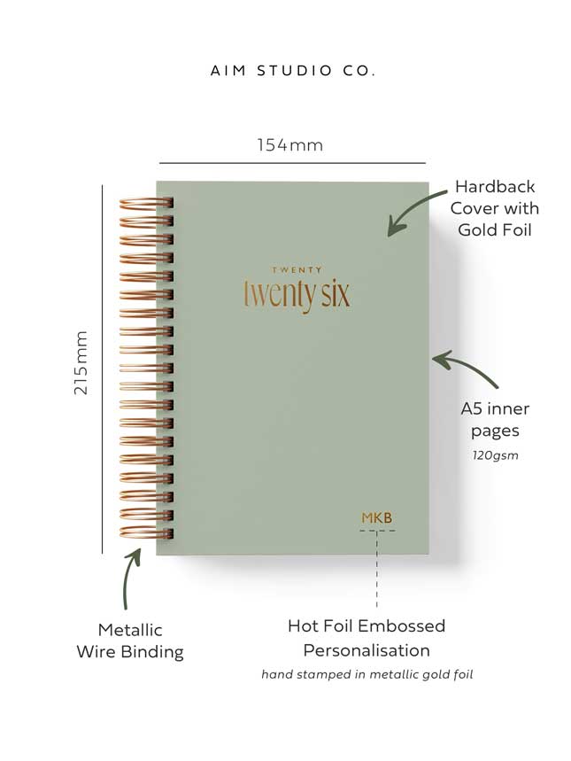 2026 diary by aim studio co showing A5 size dimensions and information such as spiral wire binding, hardback cover with gold foil and hot foil embossed personalisation.