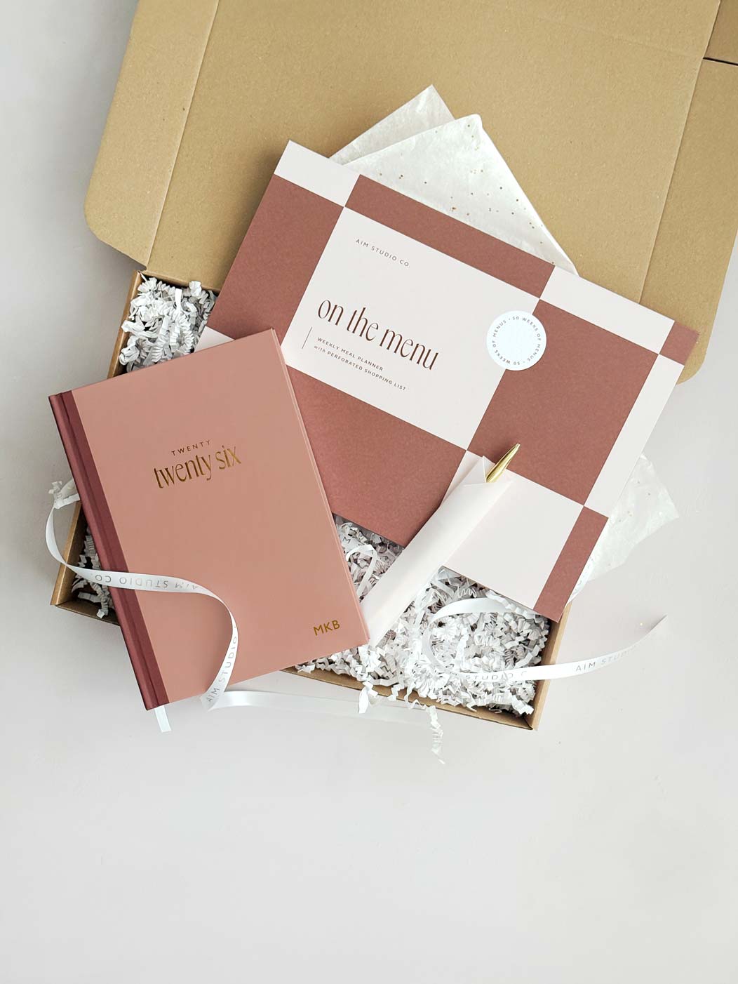 weekly meal planner and 2026 diary with pen bundle in brown cardboard gift box
