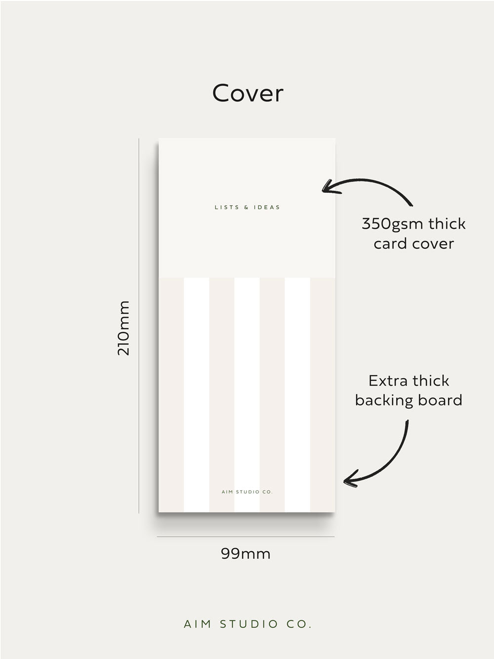 cover of DL sized to do list pad showing features such as size dimensions 210mm x 99mm and 350gsm card cover with extra thick backing board