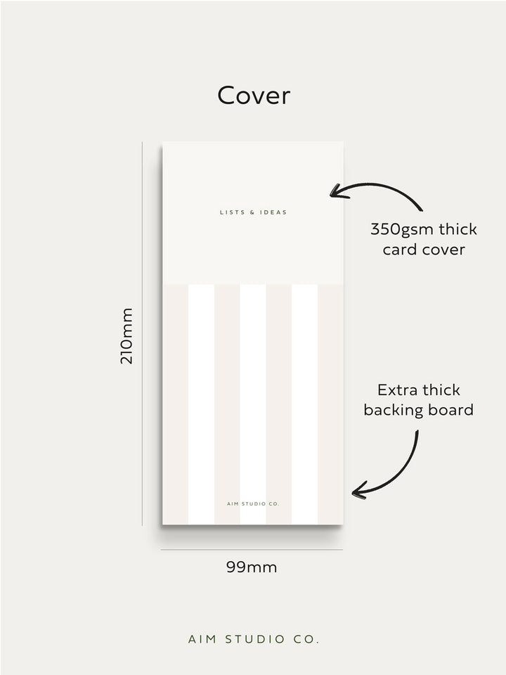 cover of DL sized to do list pad showing features such as size dimensions 210mm x 99mm and 350gsm card cover with extra thick backing board