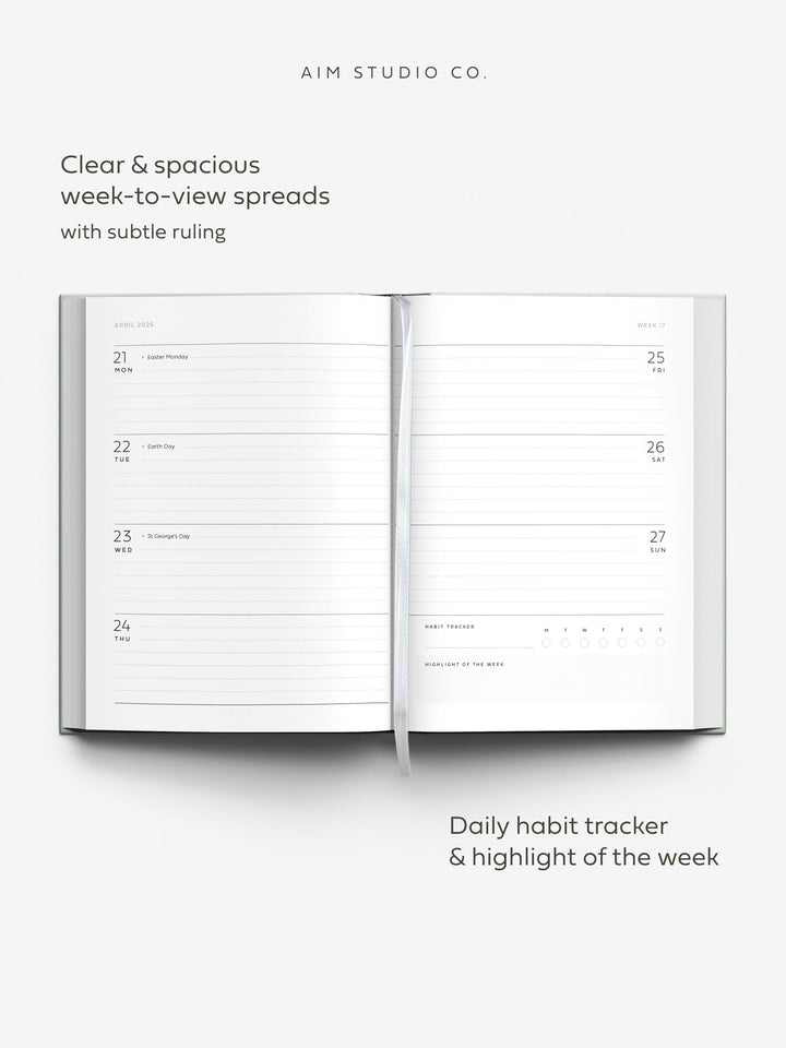 week to view planner spreads with lined pages, uk bank holidays and habit tracker inside diary by aim studio co