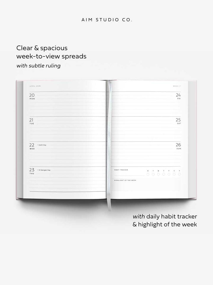 Open planner showing week-to-view spreads with daily habit tracker and highlight of the week feature, on a white background.