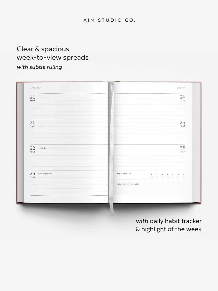 Open 2026 hardback planner showing weekly layout with Uk bank holidays, daily habit tracker and highlight of the week feature.