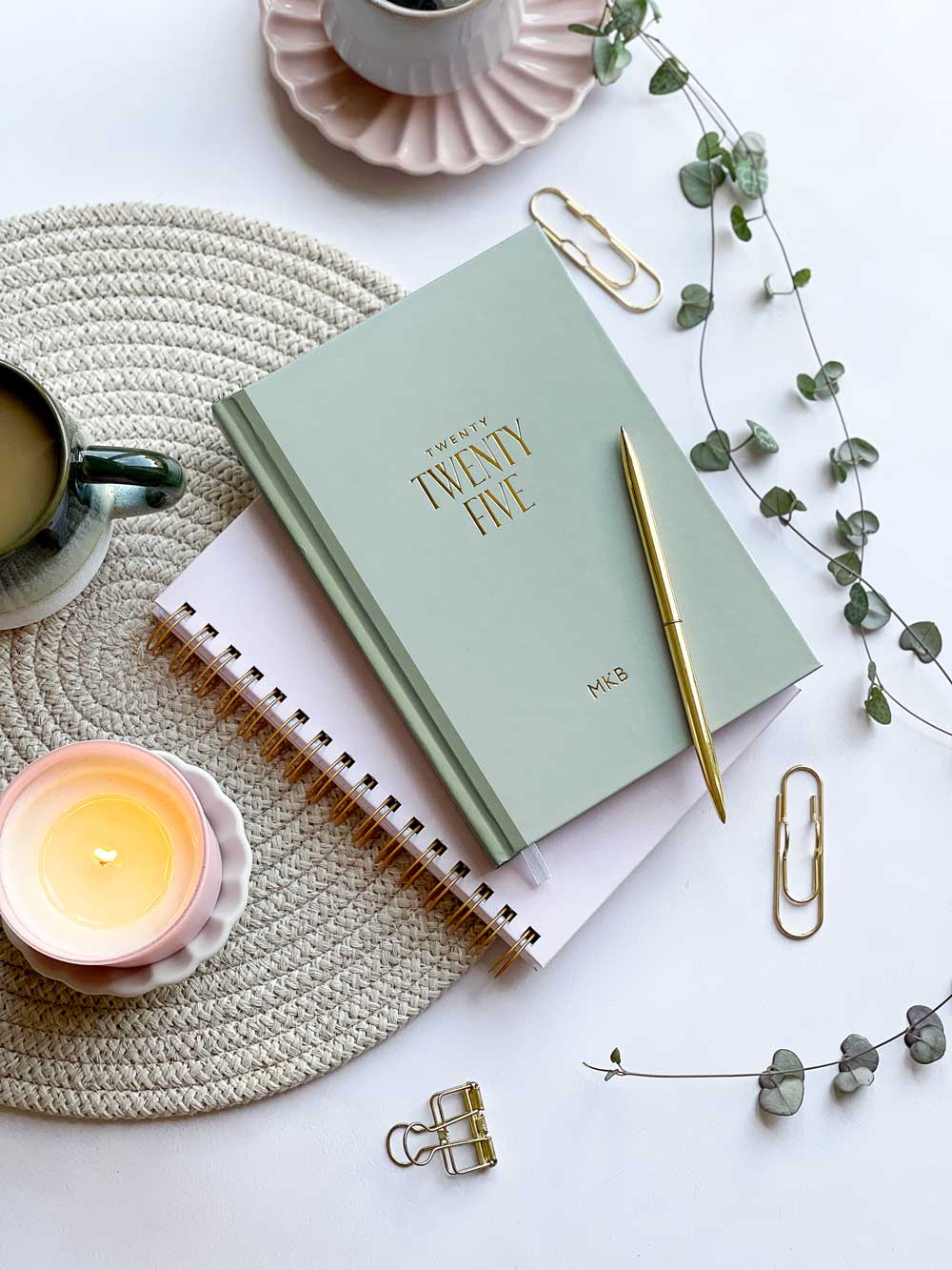 sage green a5 hardback diary with gold foiled personalisation on the cover