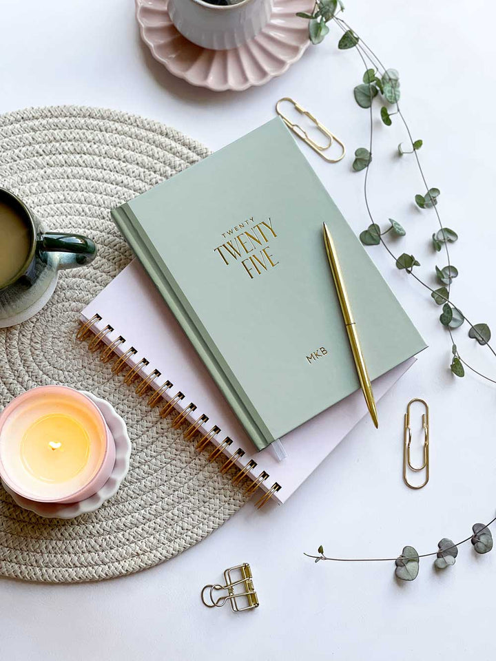 sage green a5 hardback diary with gold foiled personalisation on the cover