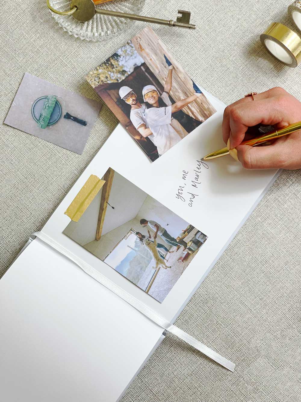 Adding scrapbook images and writing memories within a personalised scrapbook for a couples first home