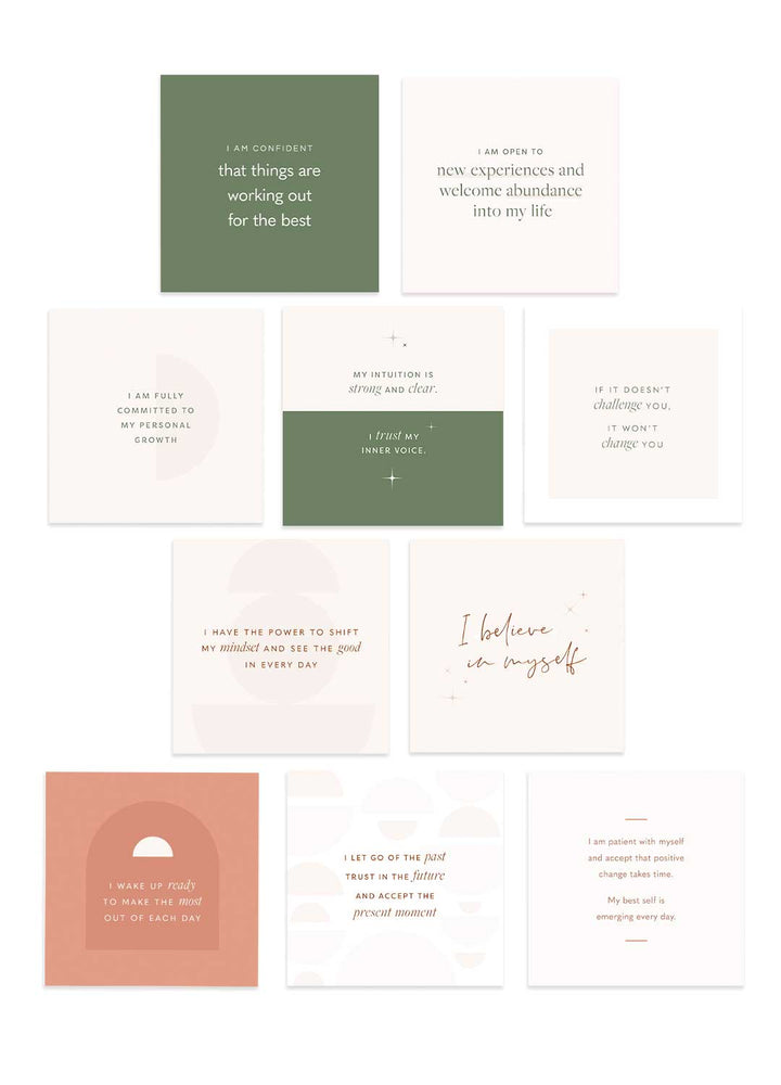 A full set of positive affirmation cards with pink shades and typographic positive quotes for daily motivation