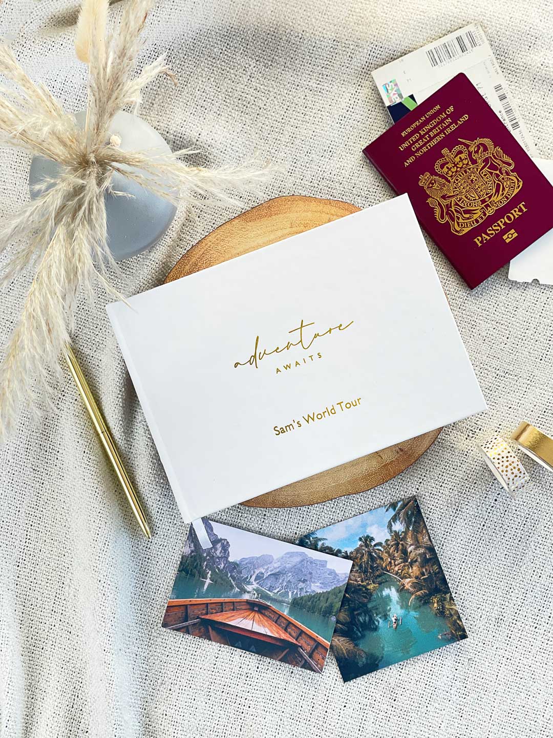 adventure awaits scrapbook for couples to record travel memories surrounded by a UK passport and photos to add to the album