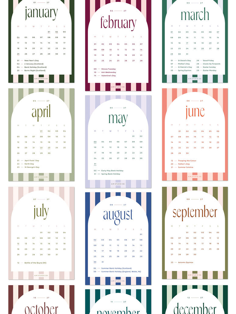 full 12 months of the candy stripe desk calendar refill pack by aim studio co.