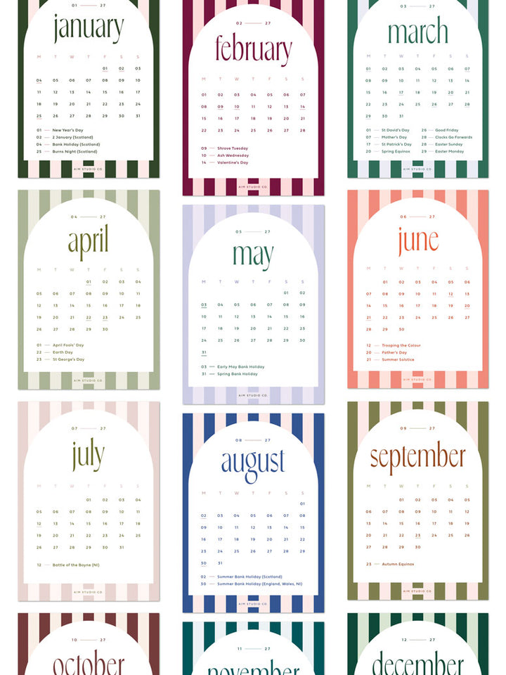 full 12 months of the candy stripe desk calendar refill pack by aim studio co.