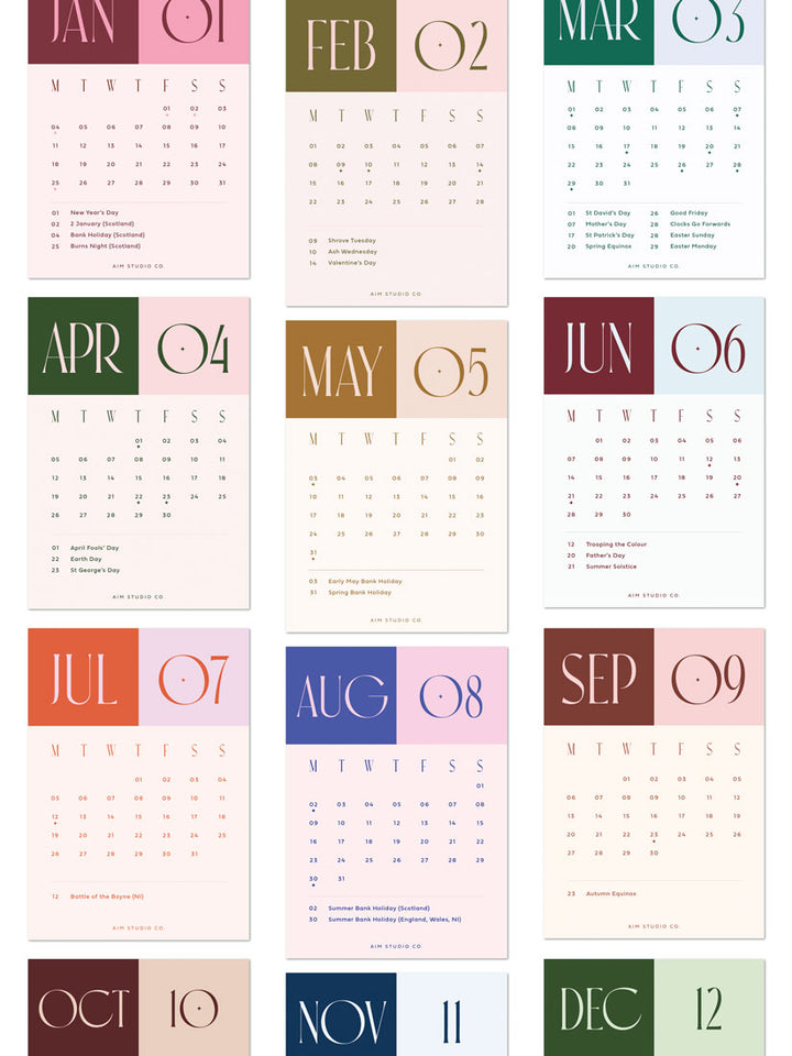 full 12 month of calendar cards from January to December 2027. All cards are A6 in size and feature a bold colour block heading with monday start minimal calendar grid.