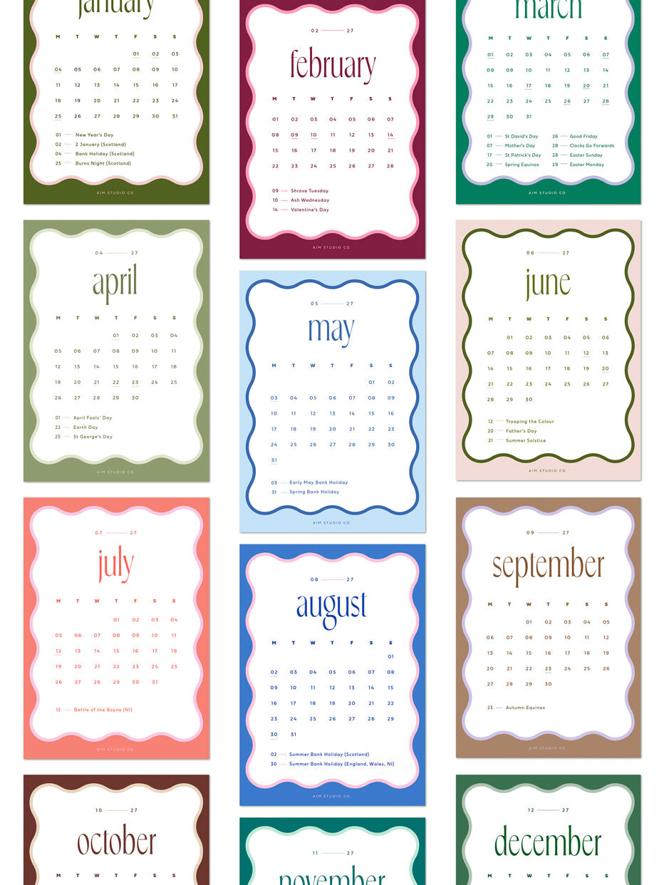 12 months of wavy edge calendar cards by aim studio co showing month to view format on a6 cards from January to December 2027 with UK bank holidays.
