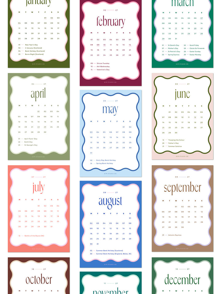 12 months of wavy edge calendar cards by aim studio co showing month to view format on a6 cards from January to December 2027 with UK bank holidays.