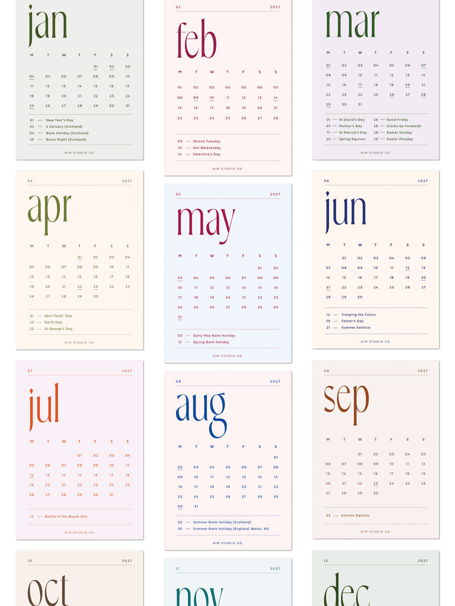 Full range of 2027 monthly calendar cards in minimal design by aim studio co.
