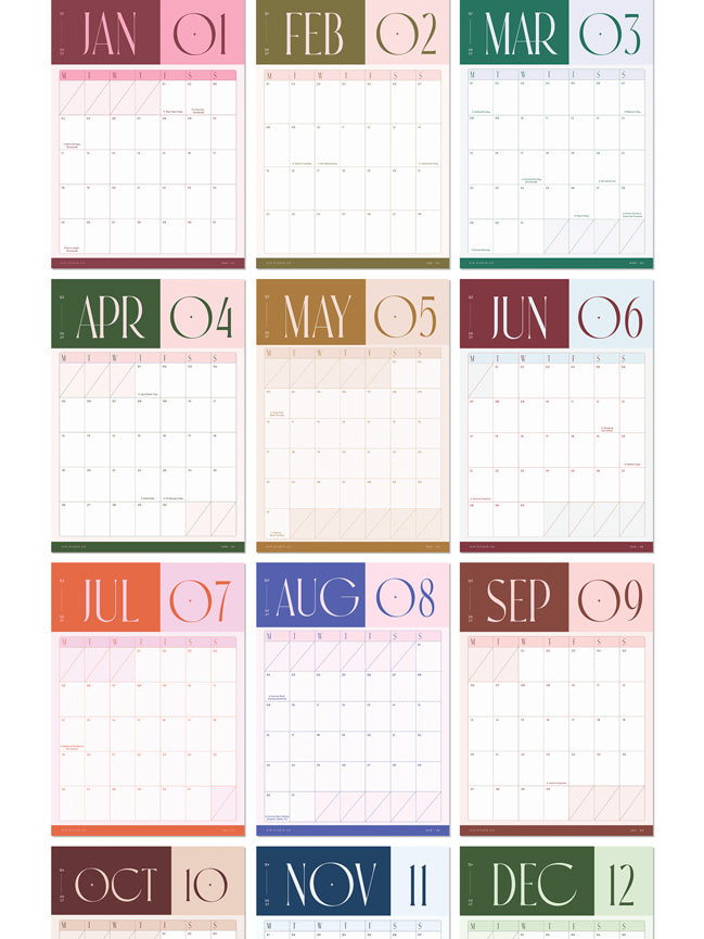 full 12 month view of calendar pages inside 2027 wall planner by aim studio co. Each page is month to view and features a bold colourful two-tone pallete with UK bank holidays on a monthly grid.