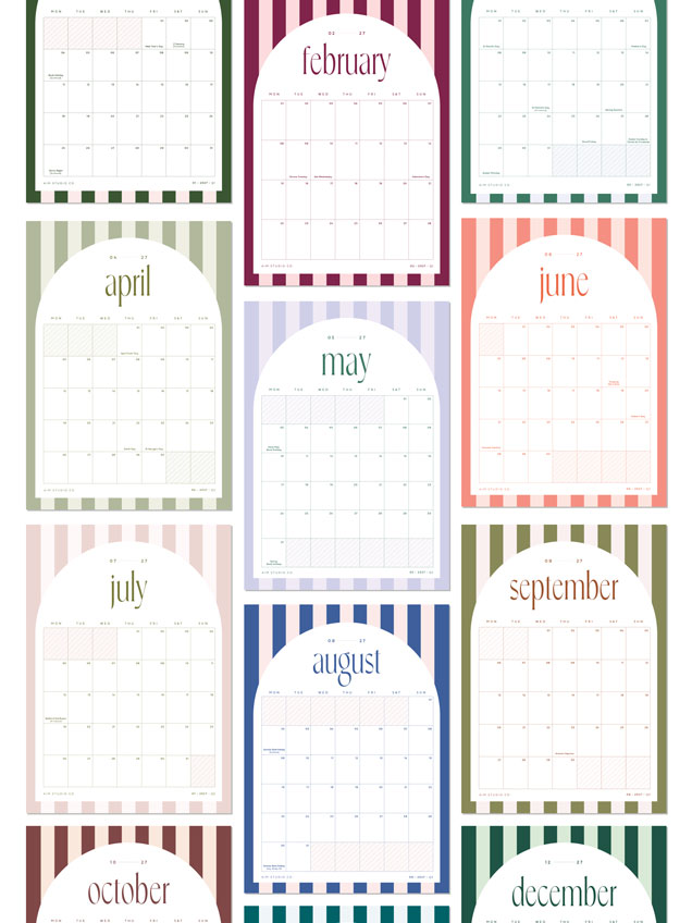 A set of twelve monthly calendar pages arranged in a grid, each with its own colored striped border and arched header labeled with the month name from January to December 2027. Each month view calendar page has UKbank holidays and occasions marked.