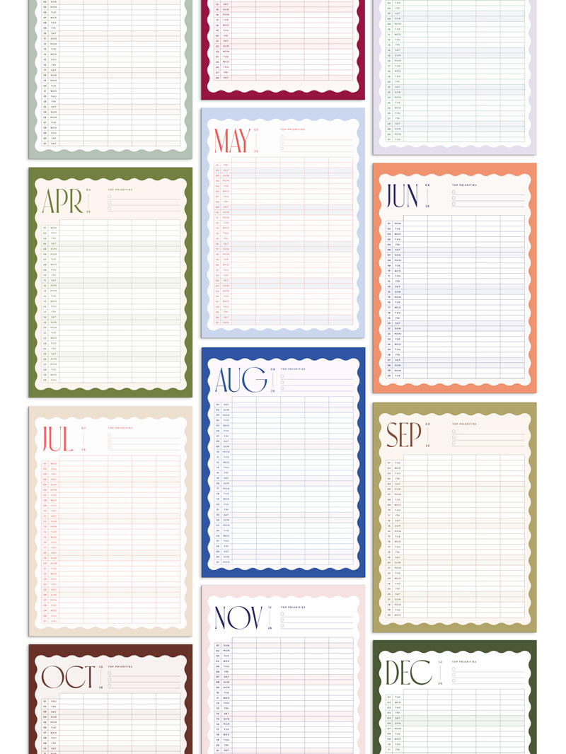 Grid of 2026 monthly calendar pages with colourful wavy borders and 5 column planner grid for families of 5.