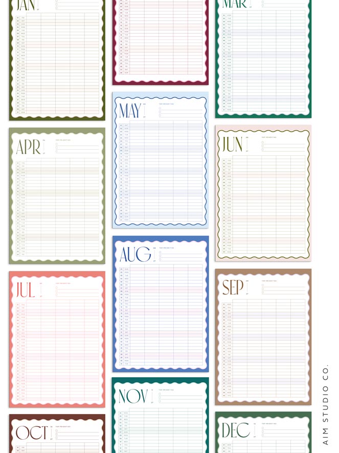 full range of 12 month calendar pages inside the family wall calendar by aim studio co showing colour variations for each month of 2027