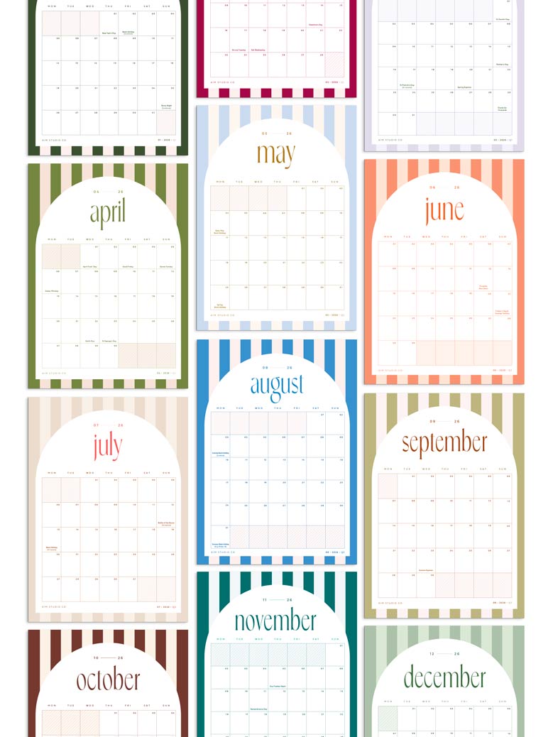 12 month calendar pages inside 2026 wall calendar with bold colourful stripe design