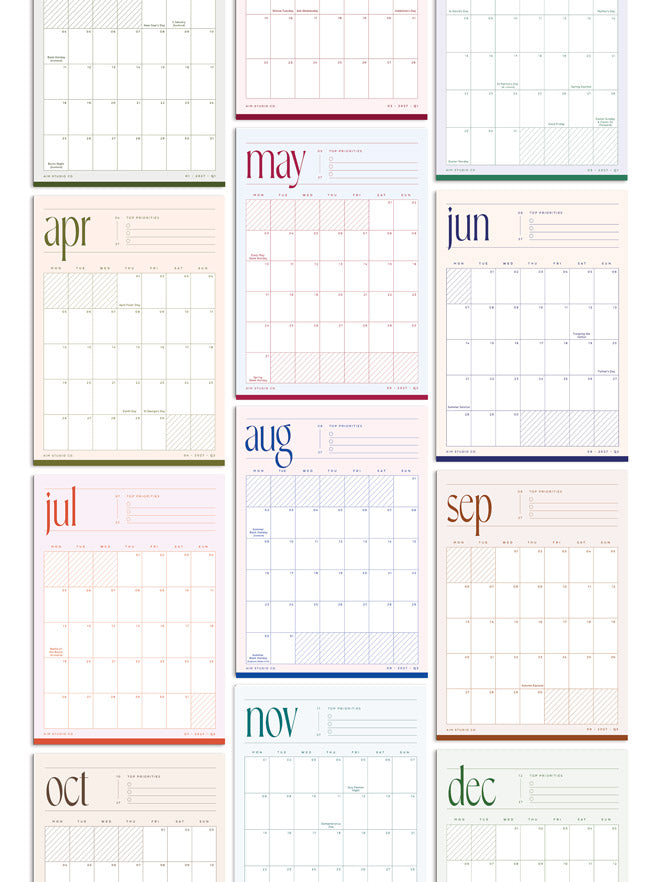 full 12 months inside 2027 hanging wall calendar by aim studio co. All month view pages feature a planner grid with UK bank holidays marked and modern, minimalist typography with space for top 3 priorities of the month.