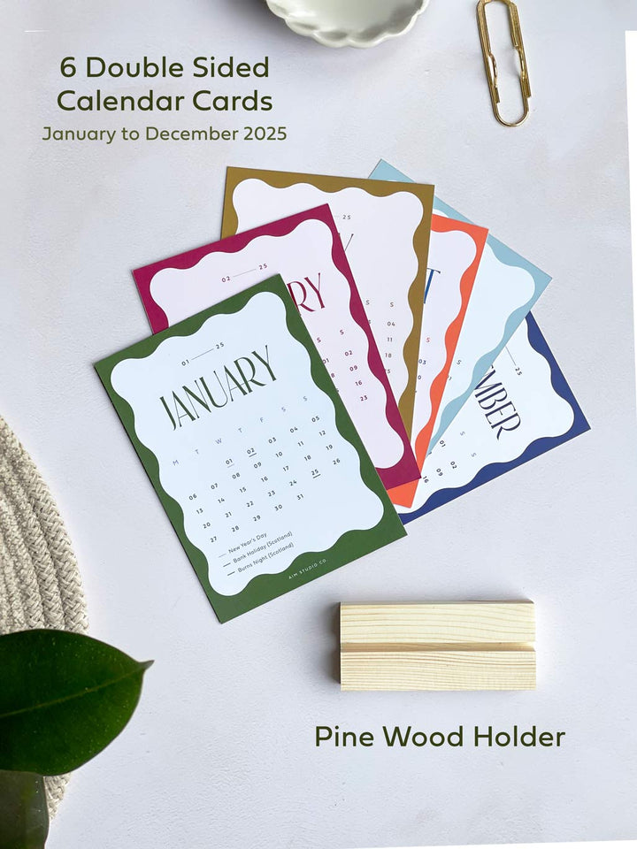 2025 Desktop Calendar with Wood Stand | Wavy Colour Block