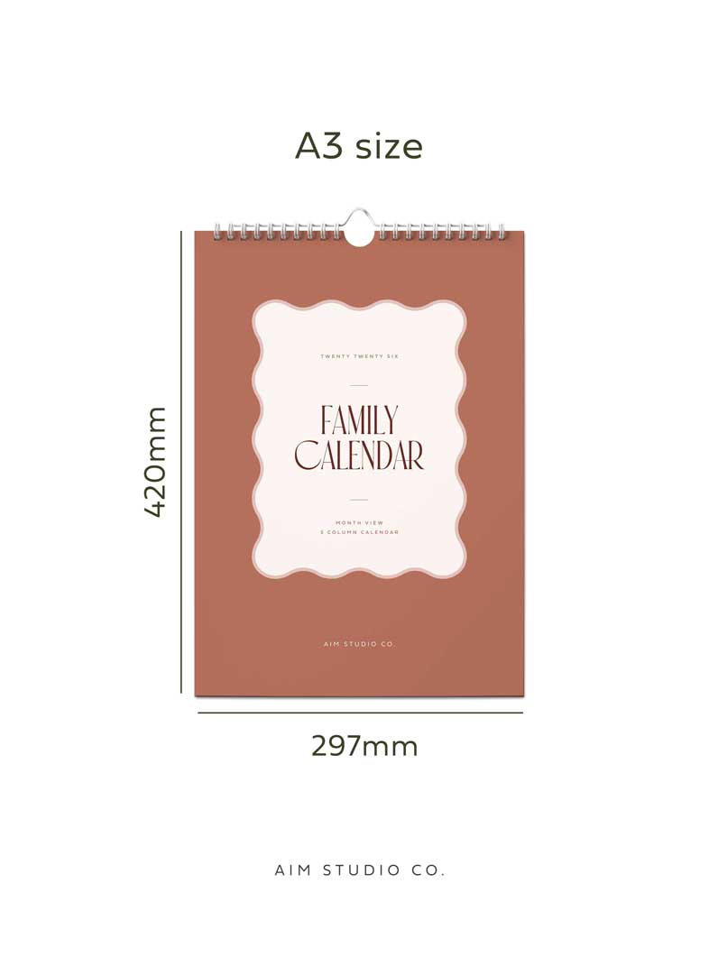 A3 size family calendar with dimensions on a white background (420mm x 297mm)