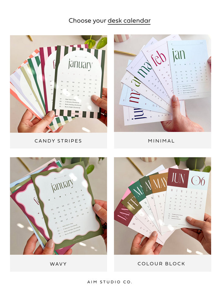 The four 2027 desk calendar designs in the Daily Focus Set: Candy Stripes, Minimalist, Wavy and Colour Block, each shown on an A6 monthly card.