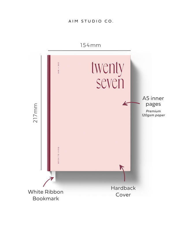 Informational graphic showing A5 planner size dimenions and key points such as hardback cover and white ribbon bookmark.