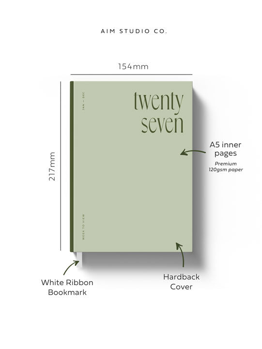 Informational graphic showing size dimensions of A5 2027 diary with key points such as white ribbon bookmark, hardback cover and week to view planner format.