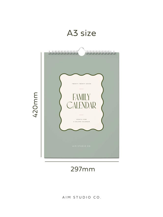 A3 size family calendar shown on a white background with dimension labels: 420mm height and 297mm width. It has white spiral binding and a white hanging loop for hooking on a wall.