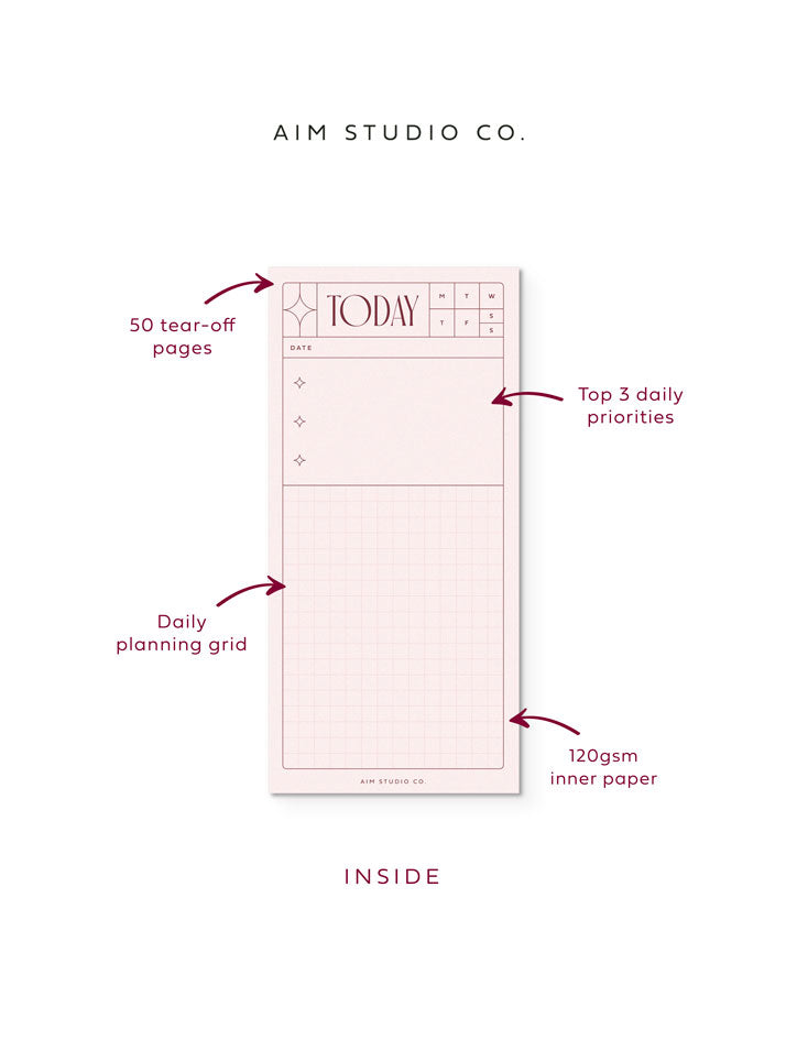 Inside pages of daily task planner showing pale pink paper with deep red text. Text with arrows highlights the 120gsm paper, top 3 priorities section, daily planning grid and 50 tear-off pages.