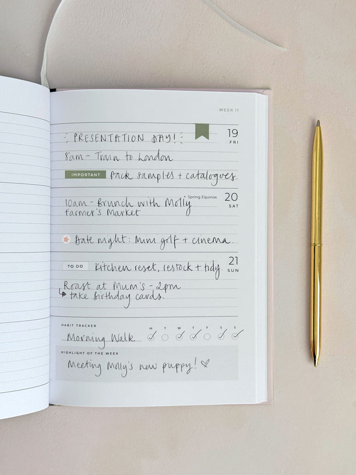 An open weekly planner diary showing handwritten notes on a lined page, styled on a beige surface with a gold pen beside it. There are handwritten plans inside with decorative planner stickers.
