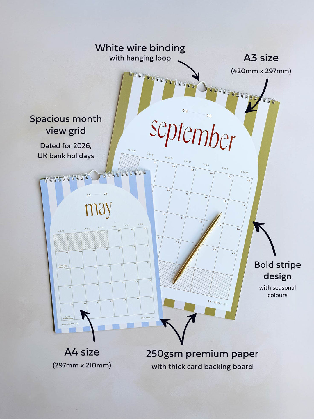 Two 2026 wall calendars with text highlighting features like white wire binding with hanging loop, A3 and A4 sizes, UK bank holidays and bold stripe design.