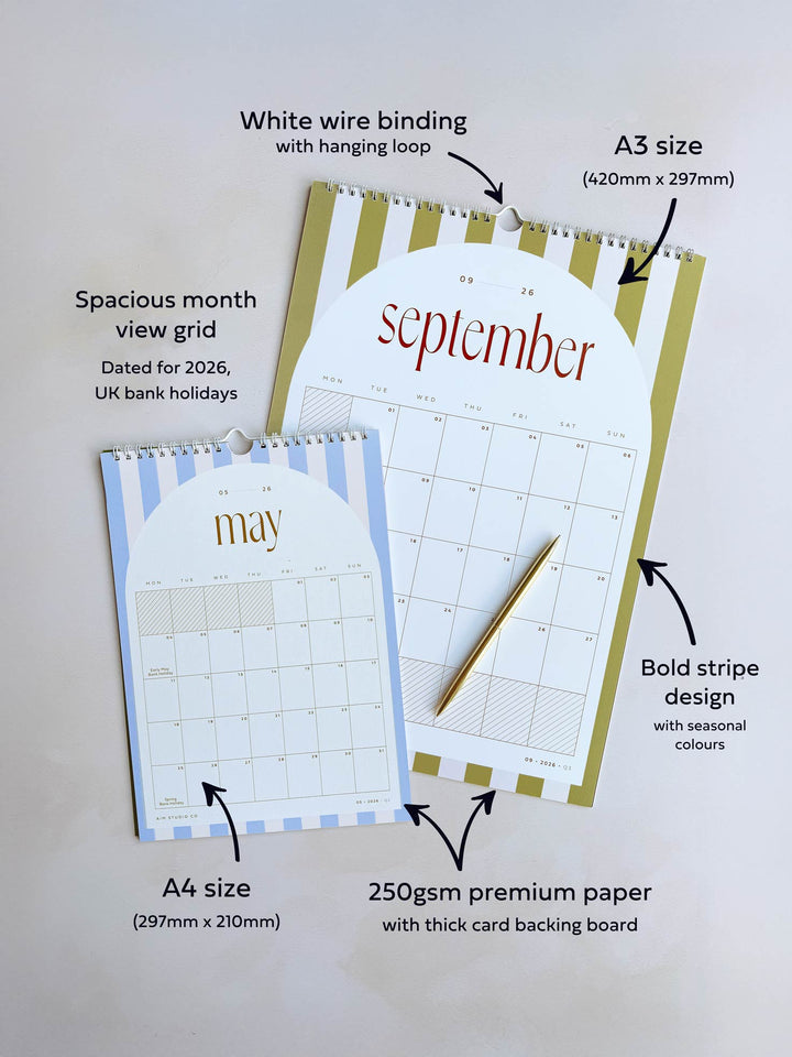 Two 2026 wall calendars with text highlighting features like white wire binding with hanging loop, A3 and A4 sizes, UK bank holidays and bold stripe design.