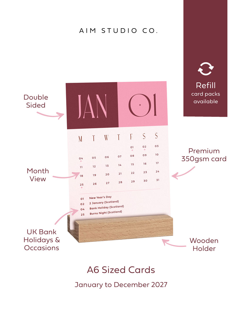 A6 desk calendar cards in an eco friendly wooden holder highlighting key points reading premium 350gsm card, UK bank holidays, month view format and double-sided print.