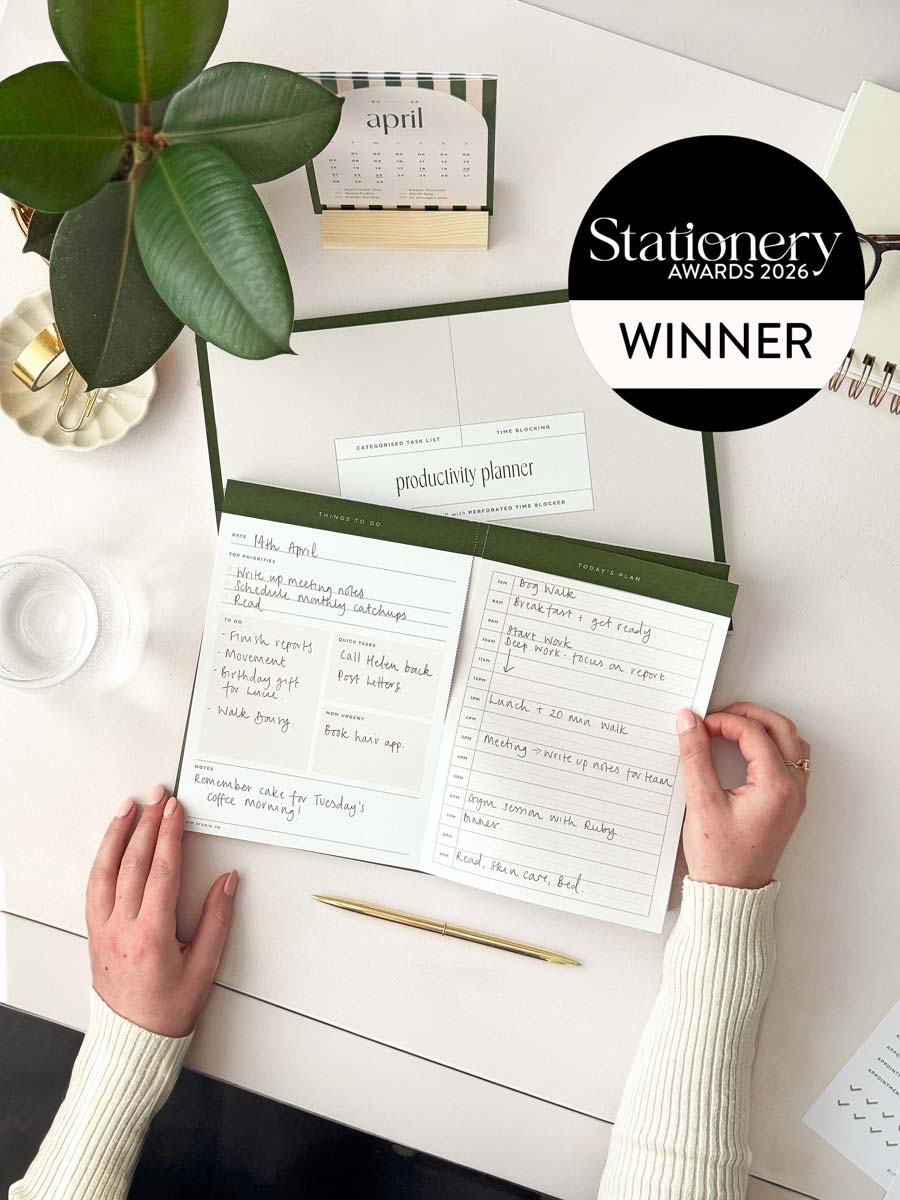 daily planner pad for productivity with to do list and perforated time block planner notepad. Stationery award winner badge for 2026