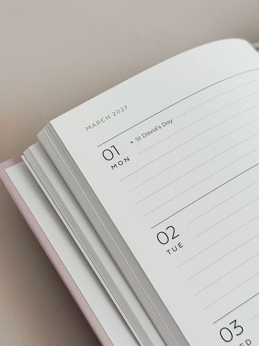 Close up of lined daily section of week to view diary page showing March 2027. 