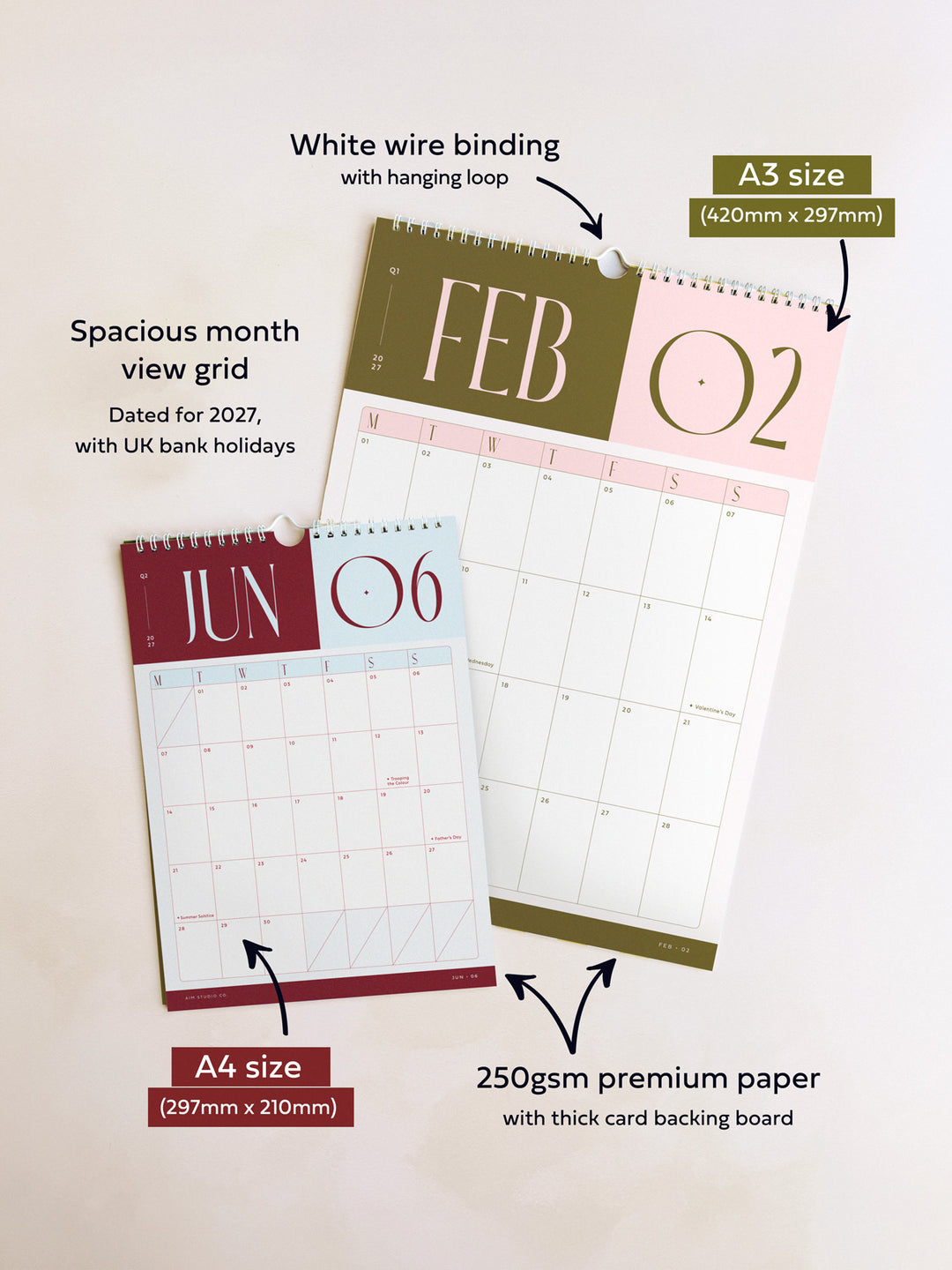 bold colour block wall calendar showing large a3 calendar with a4 calendar with information displaying dimensions and UK bank holidays with monday start grid and month view format. Printed on premium 200gsm paper in the UK.